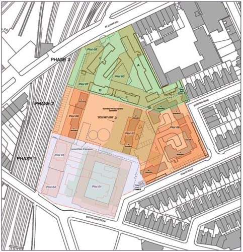 Aerial view of building plans