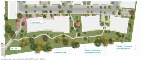 Landscape plan showing the Woodland SINC and the SW Link