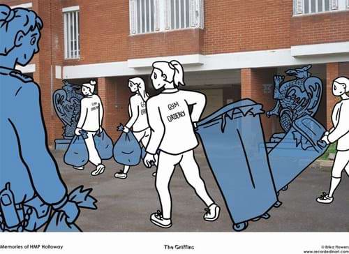 People carrying bins